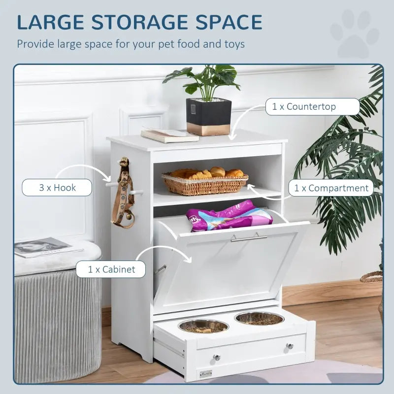 PawHut Pet Feeder Station for Dog and Cat Food with Storage Cabinet, White