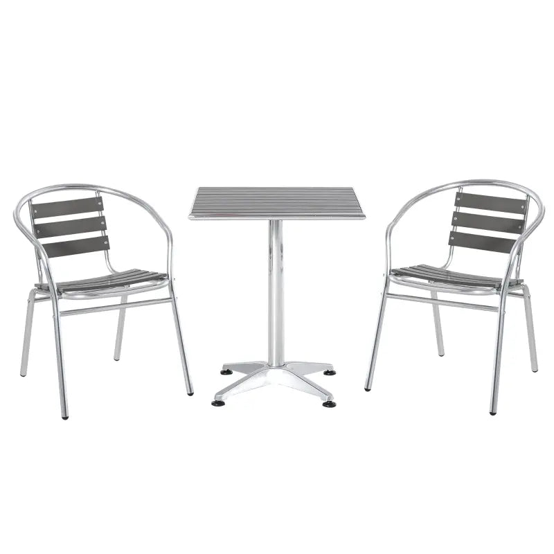 Outsunny 3 Piece Outdoor Patio Bistro Set, Slatted Aluminum Bistro Table, and Chairs, Composite Dining Table for Porch, Lawn, Garden, Backyard, Pool, Silver