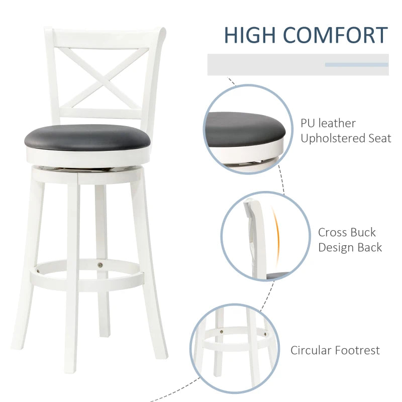 HOMCOM Traditional Bar Stool, 31 Inch Seat Height Barstool, Swivel PU Leather Upholstered Chair, with Cross Back and Rubberwood Frame, Set of 3, Cream White