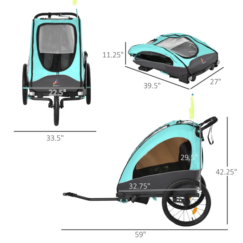 ShopEZ USA Child Bike Trailer 3 In 1 Foldable Transport Buggy Carrier with Shock Absorber System Rubber Tires Adjustable Handlebar Kid Bicycle Trailer, Blue/Grey