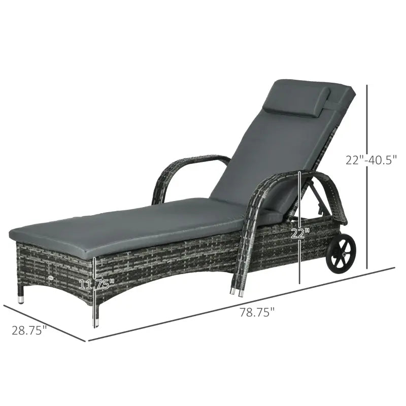 Outsunny Reclining Chaise Lounge Chair, Thickly Cushioned, Headrest, Armrests, Rolling Outdoor Plastic Rattan Sun Bathing Chair with Wheels for Poolside, Pool, Patio, Grey