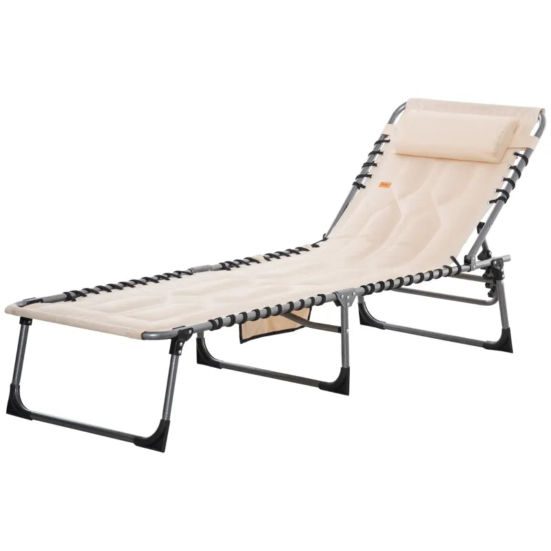 Outsunny Outdoor Folding Chaise Lounge Chair, Portable Lightweight Reclining Garden Sun-Bathing Lounger with Five-Position Adjustable Backrest, Pillow, Side Pocket, Grey
