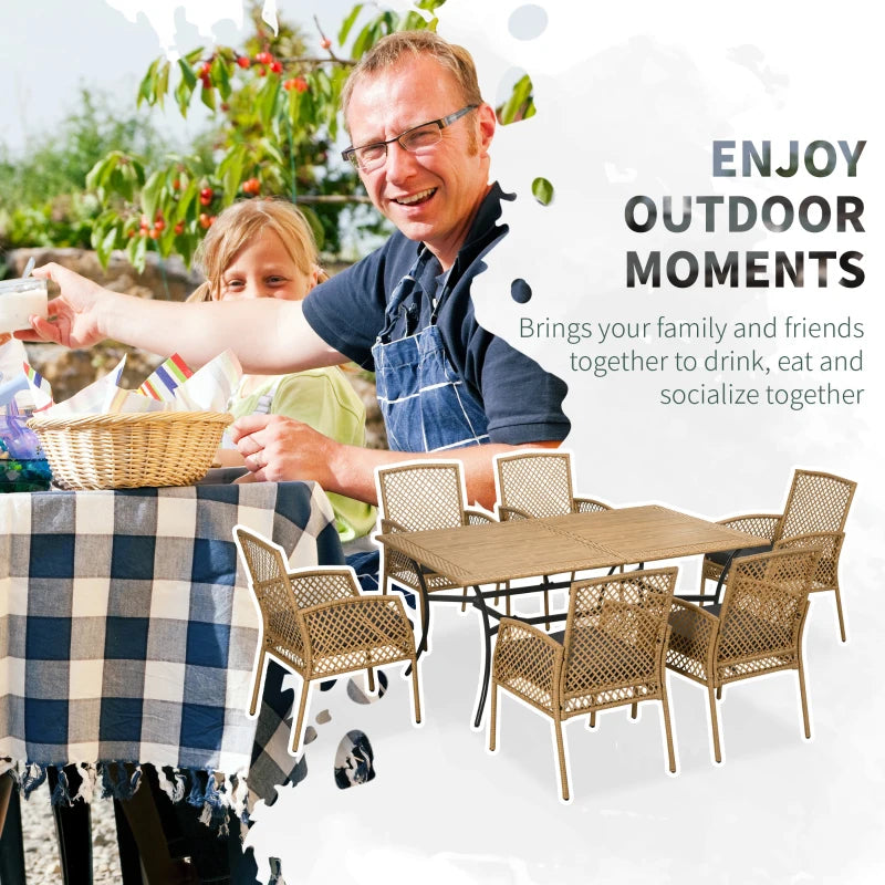 Outsunny 7 Piece Patio Dining Set with Cushions, Outdoor Patio PE Rattan Wicker Dining Table Set with Composite Table and 6 chairs for Backyard, Garden, Deck, Poolside, Tan