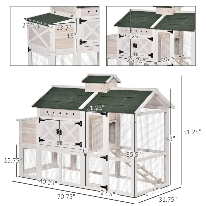 PawHut Wooden Chicken Coop Chicken House with Removable Waste Tray and Rabbit Hutch with Ventilated Poultry Cage 71", White