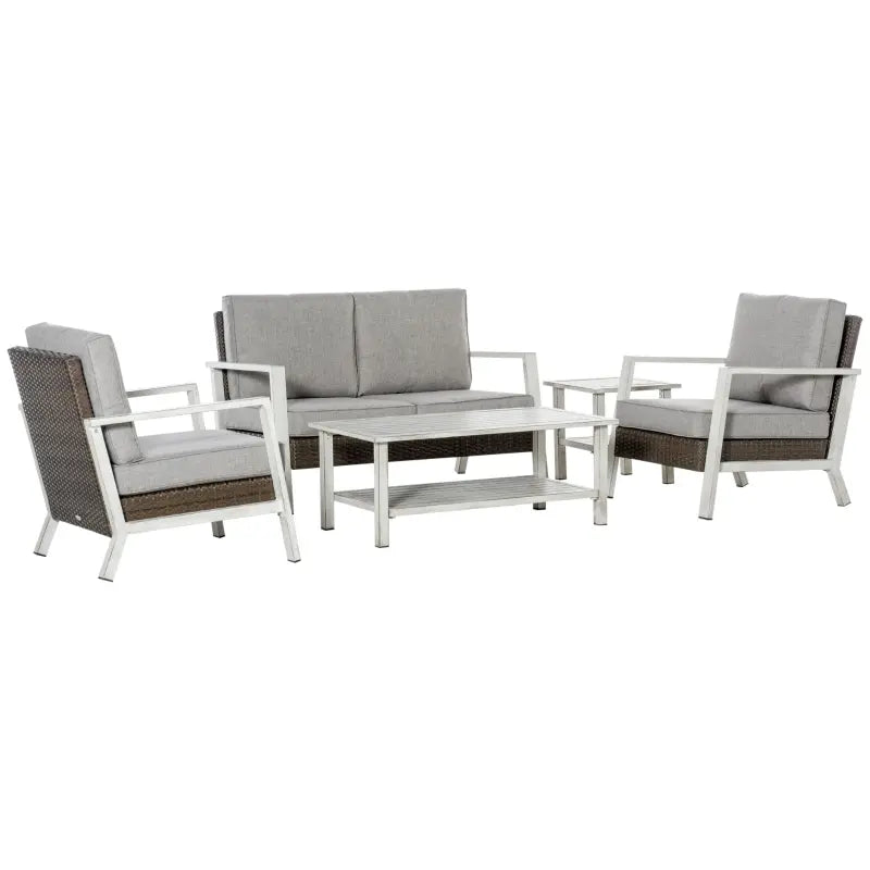 Outsunny 5 Pieces Patio Furniture Set with 4" Thick Cushions, Aluminum Frame Outdoor PE Rattan Wicker Conversation Sofa Sets with Two-Tier Storage Shelf Coffee Table, for Backyard, Garden, Beige
