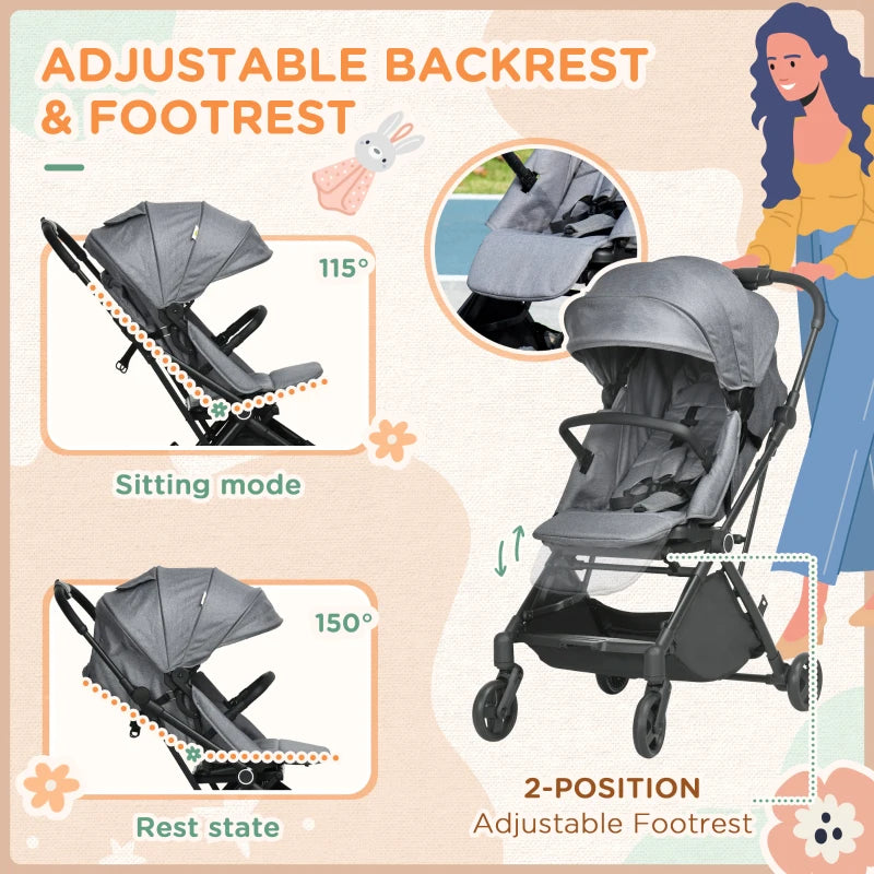 Qaba Lightweight Baby Stroller, Toddler Travel Stroller with Button-Click Fold, Compact Stroller with Storage Basket, Cup Holder, Sun Canopy, Adjustable Backrest Footrest, All Wheel Suspension, Gray