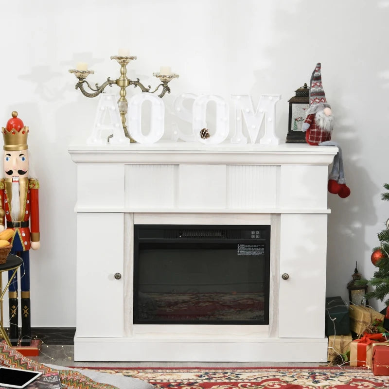 HOMCOM Electric Fireplace with Storage Door Cabinets, LED Log Flame, Remote Control, and Adjustable Temperature, for Living Room, Dining Room, Office, and Corner Use - White