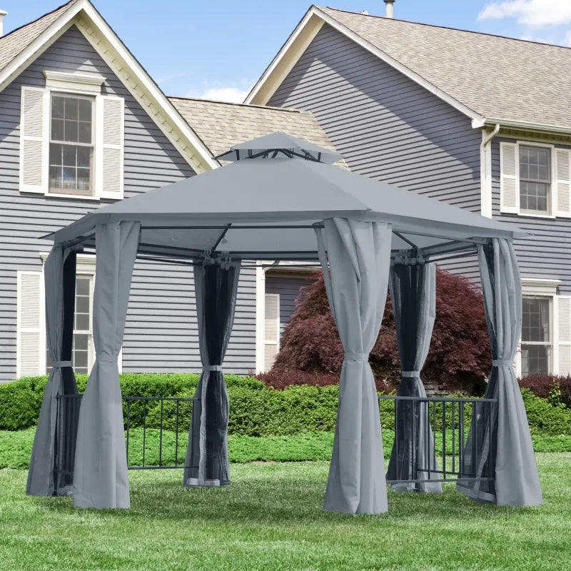 Outsunny 13' x 13' Patio Gazebo, Double Roof Hexagon Outdoor Gazebo Canopy Shelter w/ with Netting & Curtains, Solid Steel Frame for Garden, Lawn, Backyard and Deck, Beige