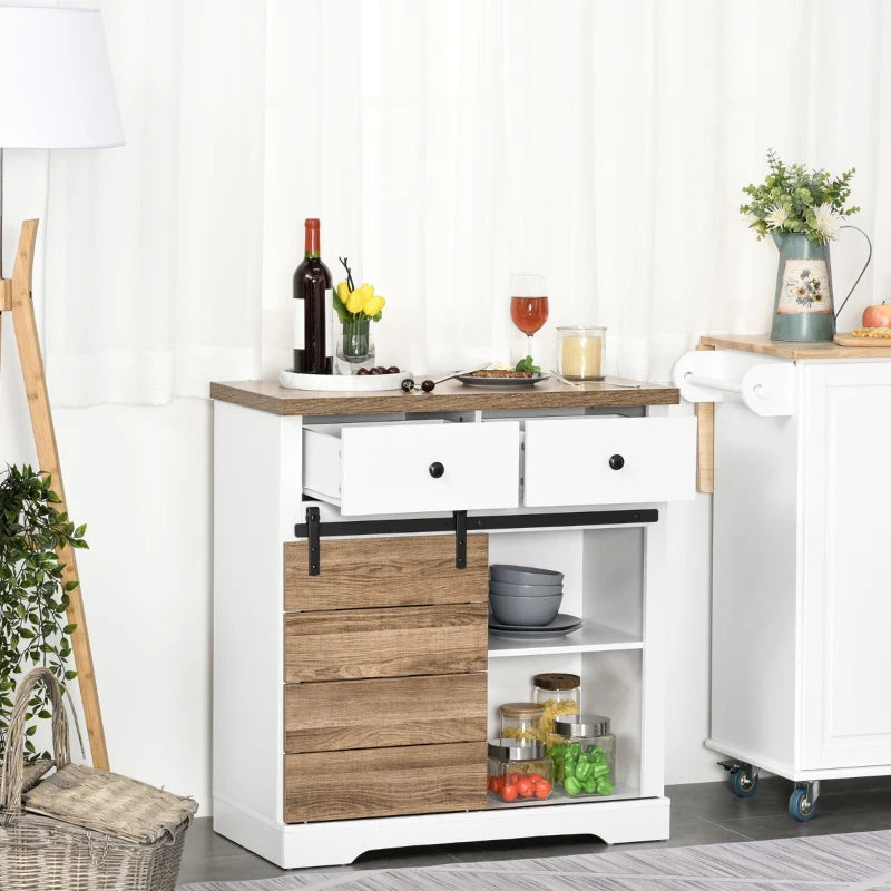 HOMCOM Farmhouse Coffee Bar Cabinet, Barn Door Wine Cabinet with Storage, Sideboard Buffet Cabinet with Wine Racks for Kitchen, White