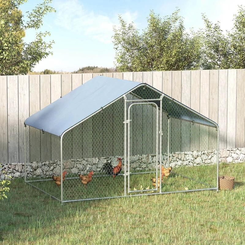 PawHut Galvanized Large Metal Chicken Coop Cage, 3 Room Walk-in Enclosure, Poultry Hen House with UV & Water Resistant Cover for Outdoor Backyard, 10' x 19.7' x 6.4'