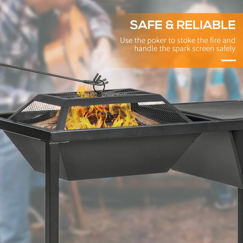 Outsunny 4-in-1 Fire Pit, BBQ Grill, Ice Bucket Cooler, Garden Table, with Cooking Grate, Log Grate & Waterproof Cover, Galvanized Steel Wood-Burning Fireplace with Spark Screen & Poker
