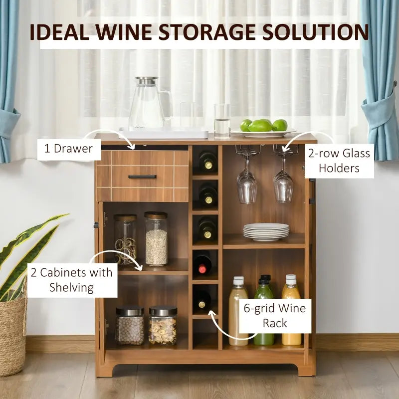 HOMCOM Retro Wine Cabinet for 6 Bottles, Wine Rack Sideboard Serving Bar with Glass Holders and 1 Drawer, Brown