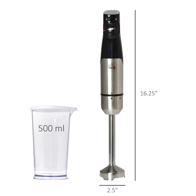 HOMCOM Immersion Hand Blender, 400W 4-in-1 Handheld Stick Blender with Adjustable Speed, 500ml Chopper, Egg Whisk, 800ml Measuring Cup, and Stainless Steel Blades, Silver / Black