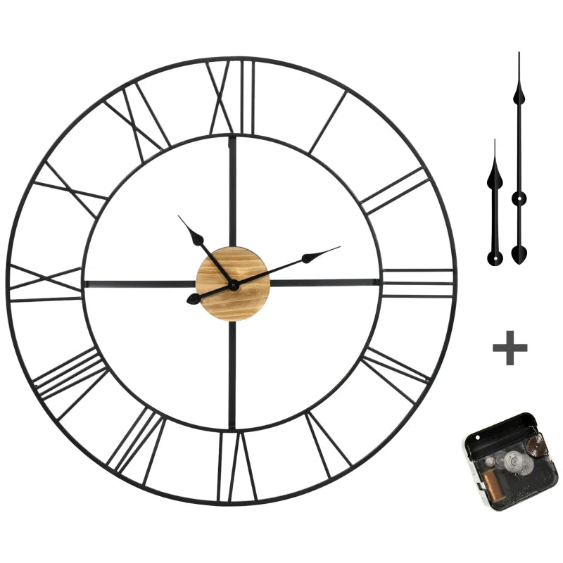 HOMCOM 30 Inch Large Wall Clock, Silent Non Ticking Metal Wood Farmhouse Roman Numeral Clocks for Living Room Decor, Battery Operated, Black and Natural Wood Color