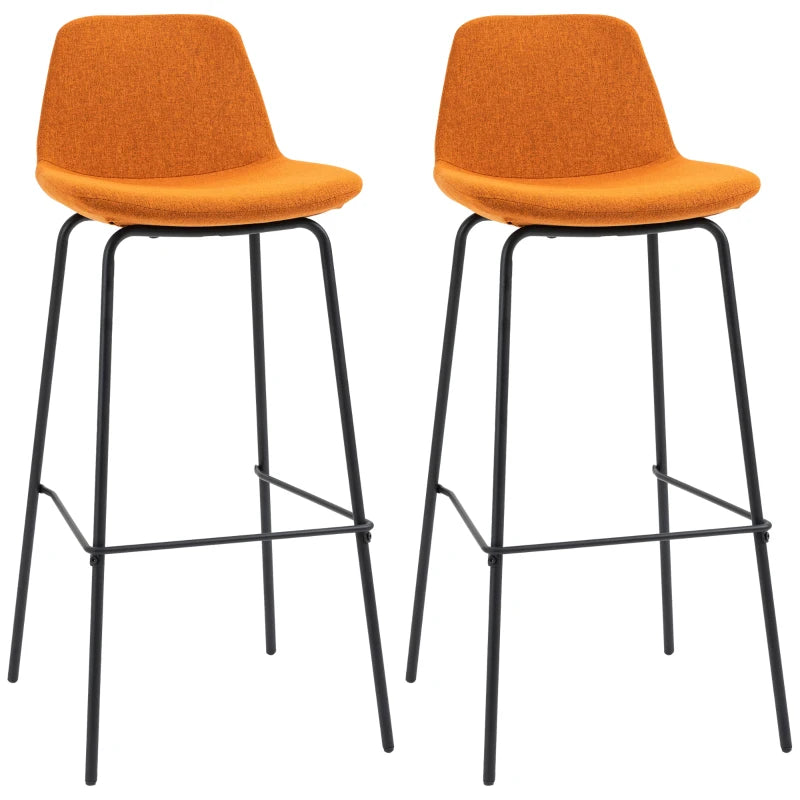 HOMCOM 29.5" Bar Stools Set of 2, Upholstered Extra Tall Barstools, Armless Bar Chairs with Back, Steel Legs, Orange