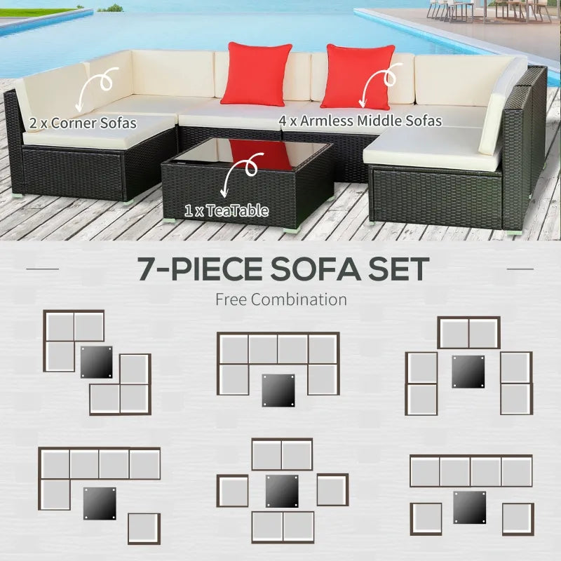 Outsunny 7 Piece Outdoor Patio Furniture Set, PE Rattan Wicker Sectional Sofa Set with Couch Cushions, Throw Pillows and Coffee Table, Orange, White