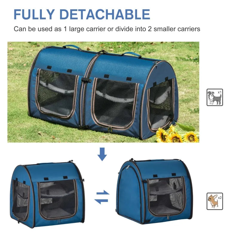 PawHut 39" Portable Soft-Sided Pet Cat Carrier With Divider, Dual Compartment, Soft Cushions, & Storage Bag - Blue