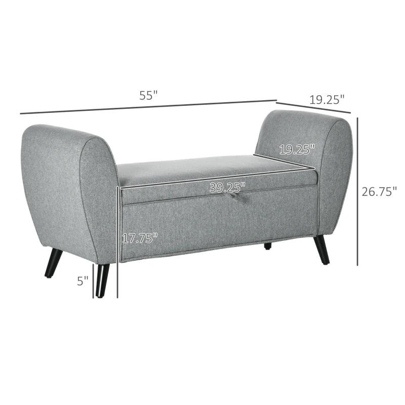 HOMCOM Modern Upholstered Storage Bench with Arms, Linen-Feel Fabric Ottoman Bench for Bedroom Entryway Living Room, Dark Grey
