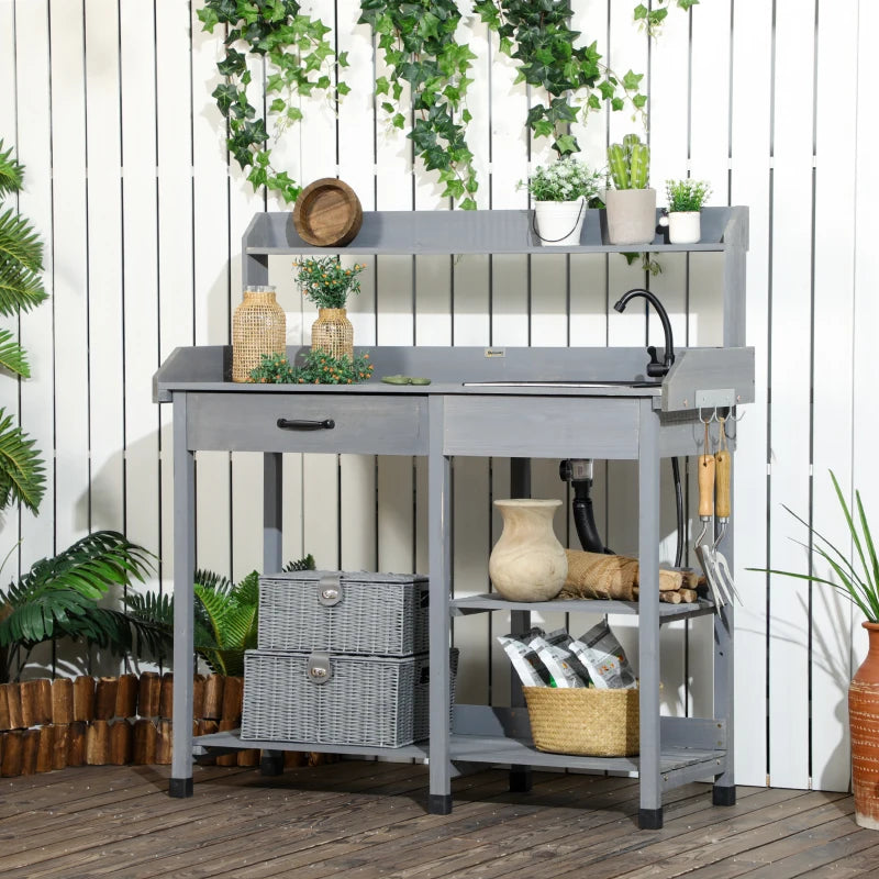 Outsunny Potting Bench Table, Includes Removable Outdoor Sink Station with Hose Hook Up, Wooden Work Station with Faucet, Drawer, Shelves, Hooks, Gray