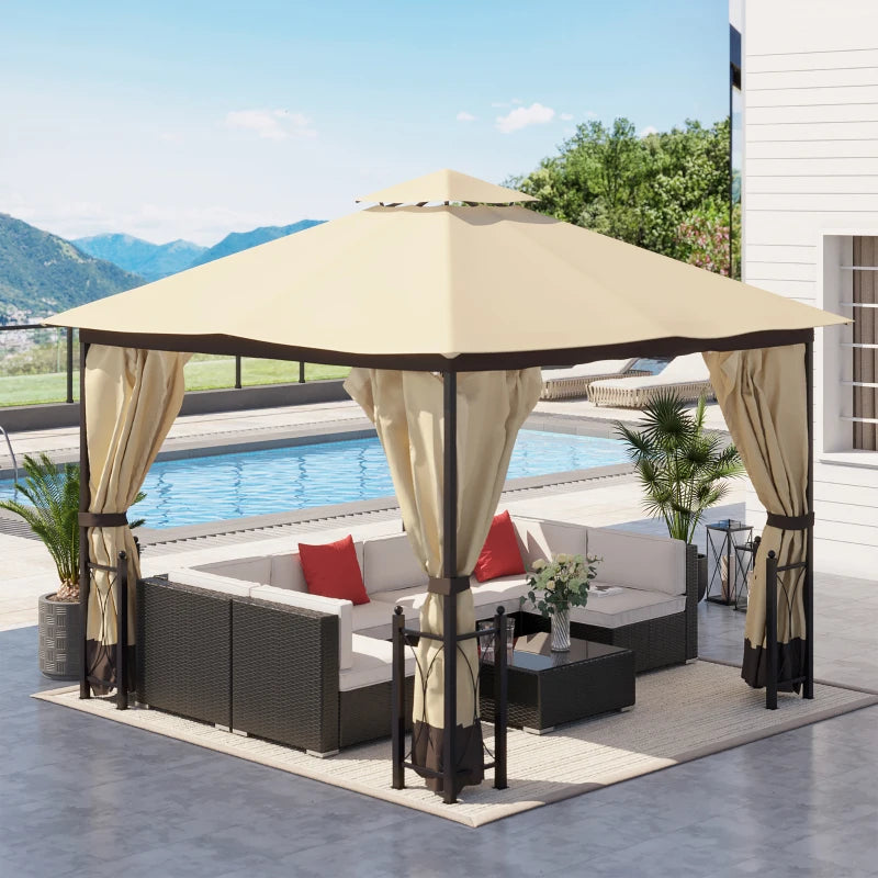 Outsunny 13' x 11' Patio Gazebo Canopy Garden Tent Sun Shade, Outdoor Shelter with 2 Tier Roof, Netting and Curtains, Steel Frame for Patio, Backyard, Garden, Grey