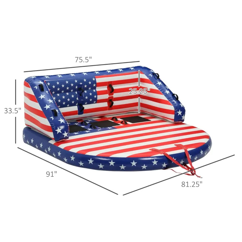 Outsunny 3 Rider Towable Tube for Boating, Spacious Family Size Inflatable Deck Seat Blow Up Couch w/ Front and Back Tow Points for Multiple Riding Positions Water Sports, American Flag Pattern