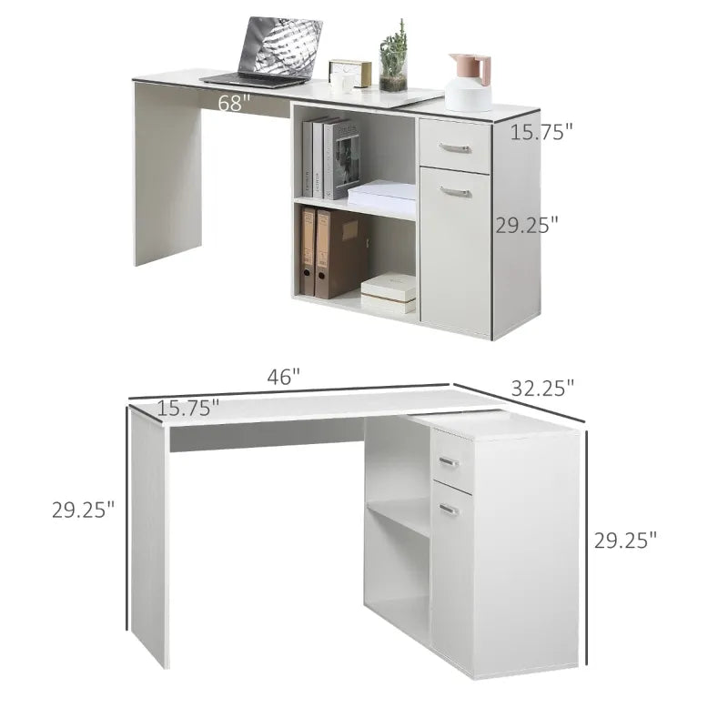 HOMCOM L Shaped Corner Computer Desk Workstation with Rotating Storage Shelves and Drawer for Home & Office, White