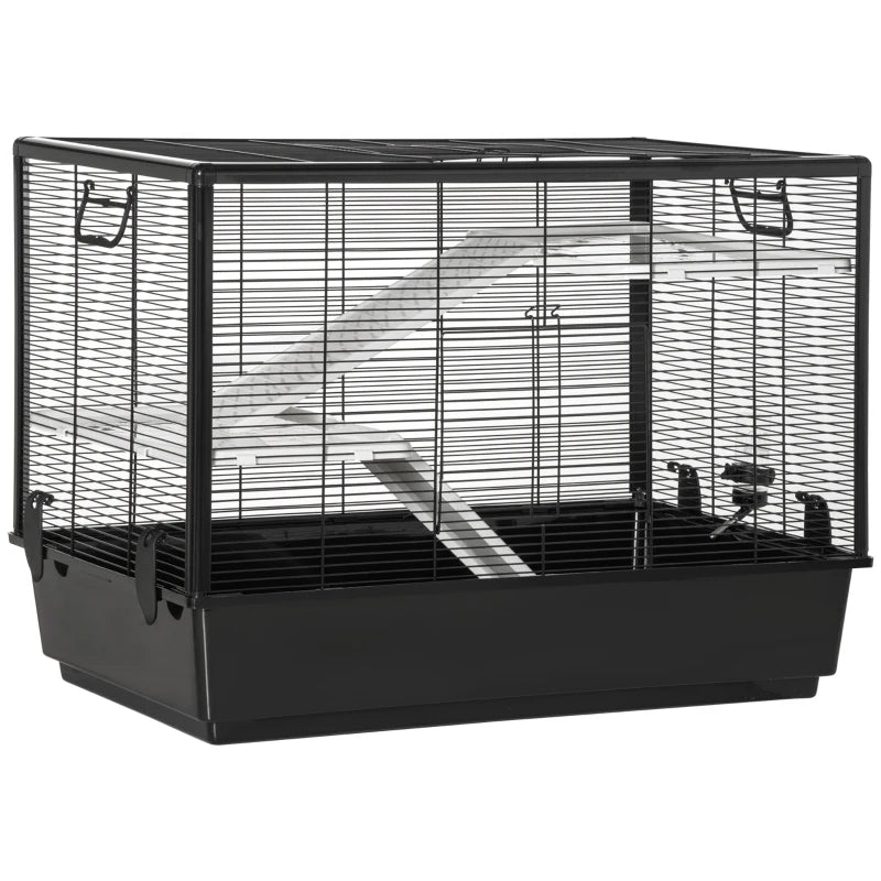 PawHut 41" L Small Animal Cage Rabbit Guinea Pig Hutch Pet Play House with Feeder, Rolling Wheels, Platform, Ramp