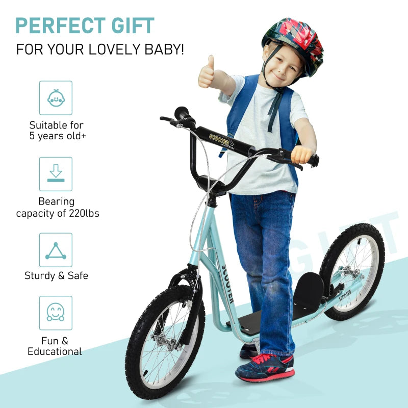 ShopEZ USA Youth Scooter Kick Scooter for Kids 5+ with Adjustable Handlebar 16" Front and Rear Dual Brakes Inflatable Wheels, Blue