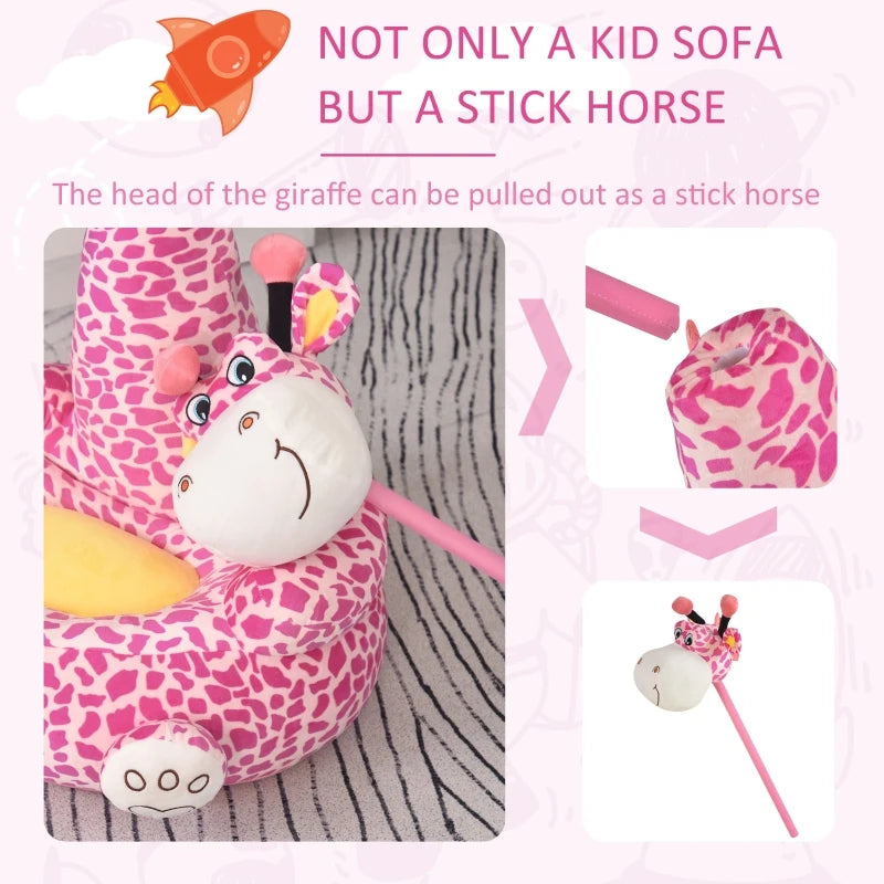 Qaba Giraffe Kids Chair Sofa Flannel Covered Armchair Stick Horse Child Chair with Padded Seat for 18-36 Months - Pink