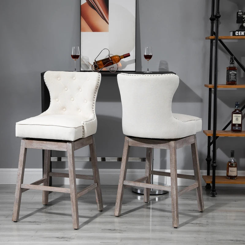 HOMCOM Upholstered Fabric Bar Height Bar Stools, 180° Swivel Nailhead-Trim Pub Chairs, 30" Seat Height with Rubber Wood Legs, Set of 2, Cream