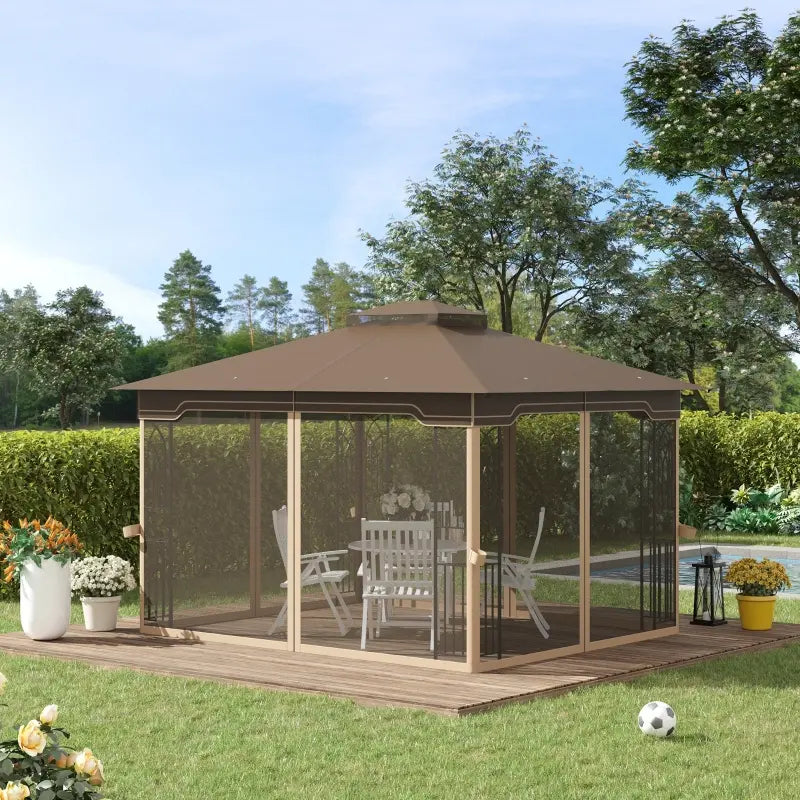 Outsunny 10' x 13' Patio Gazebo Aluminum Frame Outdoor Canopy Shelter with Sidewalls, Vented Roof for Garden, Lawn, Backyard, and Deck, Gray