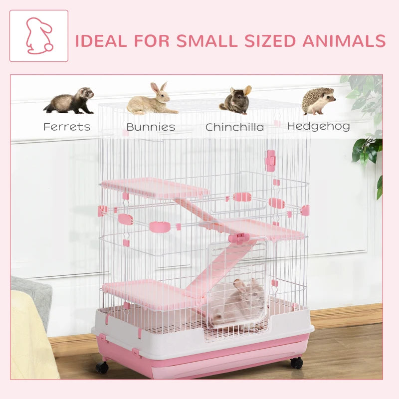 PawHut 32"L 4-Level Small Animal Cage Rabbit Hutch with Universal Lockable Wheels, Slide-out Tray for Bunny, Chinchillas, Ferret, White