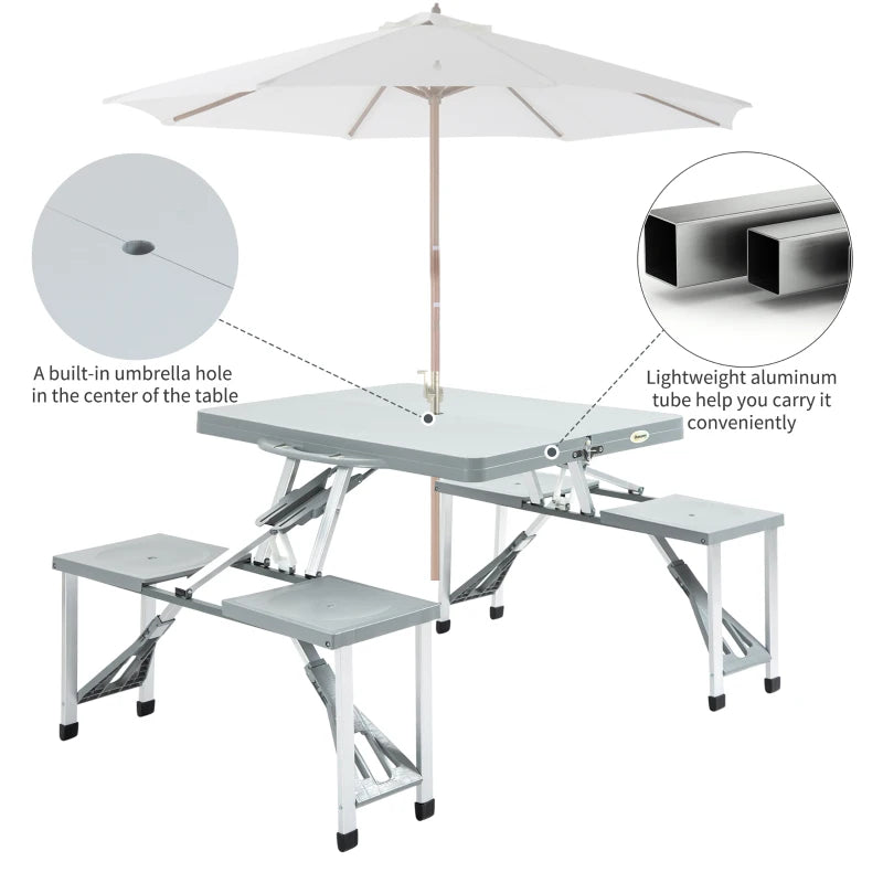 Outsunny 38"Camping Table with 4 seat Folding Aluminum Picnic Table Chair Set, 4-Seat Outdoor Furniture with Portable Suitcase, Umbrella Hole, Handle for Camping Dining BBQ, Silver