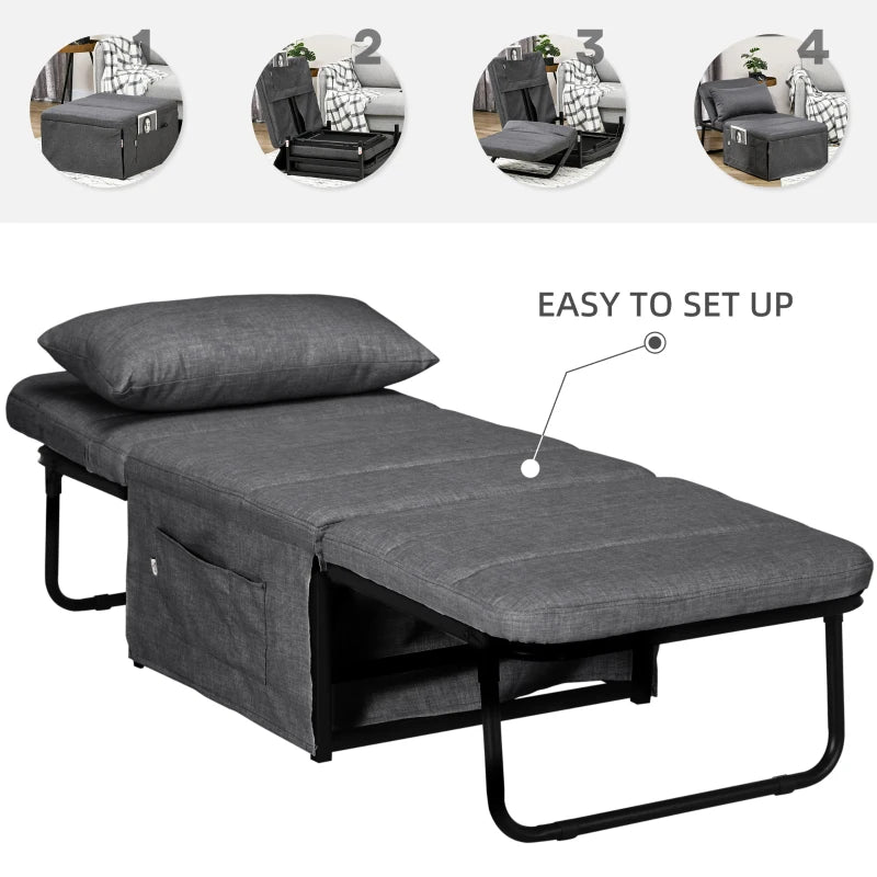 HOMCOM Ottoman Sofa Bed, 4 in 1 Multi-Function Button Tufted Folding Sleeper Chair Bed with Adjustable Backrest, Pillow, Side Pocket for Home Office, Bedroom, Living Room, Charcoal Gray