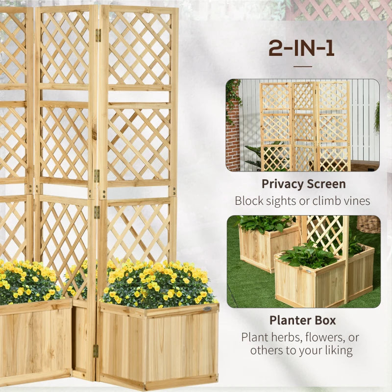 Outsunny Wood Privacy Screen w/ 4 Planter Box, Raised Bed w/ 3 Panels & Drainage Holes