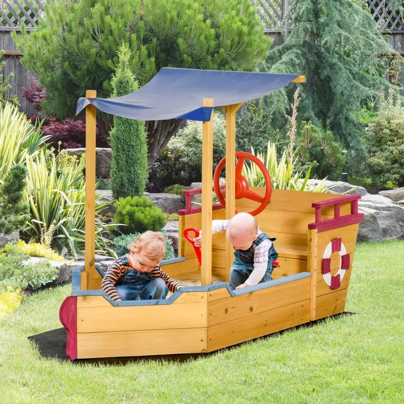 Outsunny Kids Wooden Sandbox, w/ Canopy Bench Seat Storage Space, Aged 3-8 Years Old