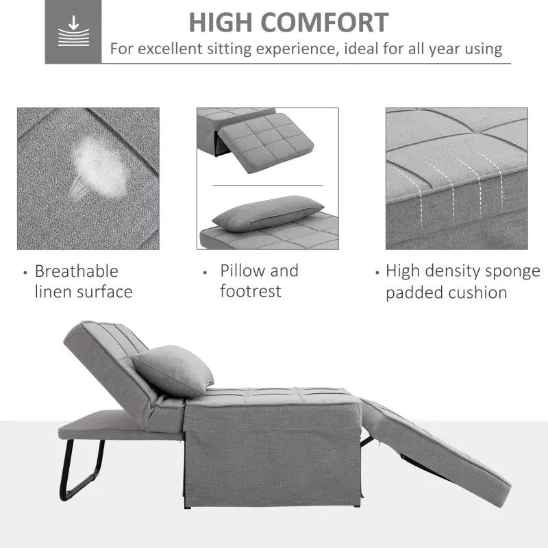 HOMCOM 4-In-1 Design Convertible Sofa Tea Table Lounge Chair Single Bed with 5-Level Adjustable Backrest, Footstool and Metal Frame for Living Room Bedroom, Light Brown