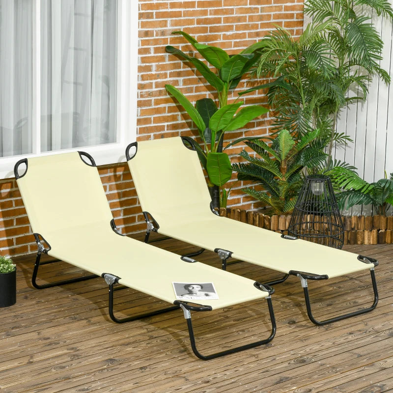 Outsunny Folding Chaise Lounge Pool Chairs, Outdoor Sun Tanning Chairs with Pillow, Reclining Back, Steel Frame & Breathable Mesh for Beach, Yard, Patio, Beige