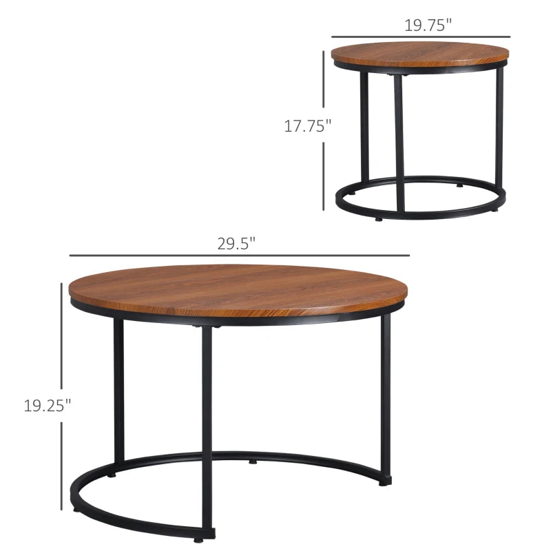 HOMCOM Round Nesting Tables Set of 2, Stacking Coffee Table Set with Metal Frame for Living Room, Rustic Brown