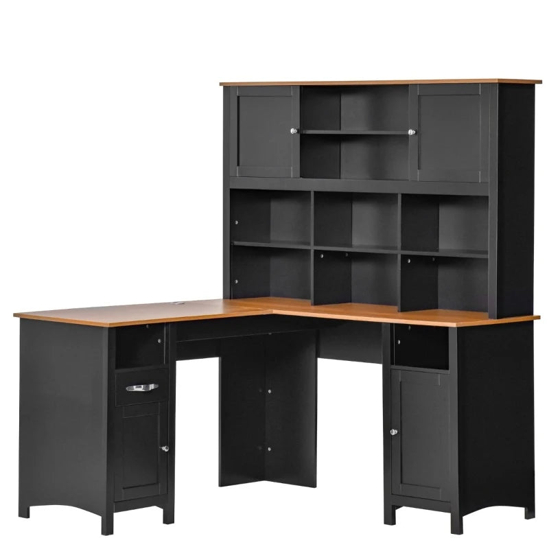 HOMCOM L-Shaped Computer Desk with Storage Shelves, Home Office Desk with Drawers and Cabinets, Black