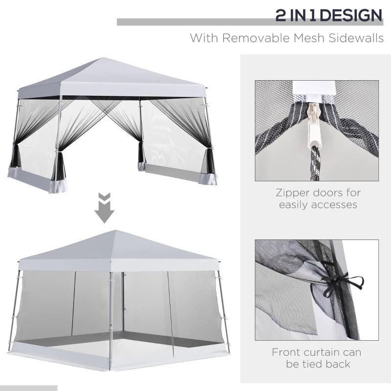 Outsunny Slant Leg Pop Up Canopy Tent with Netting and Carry Bag, Instant Sun Shelter, Tents for Parties, Height Adjustable, for Outdoor, Garden, Patio, (11.5'x11.5' Base / 10'x10' Top), White