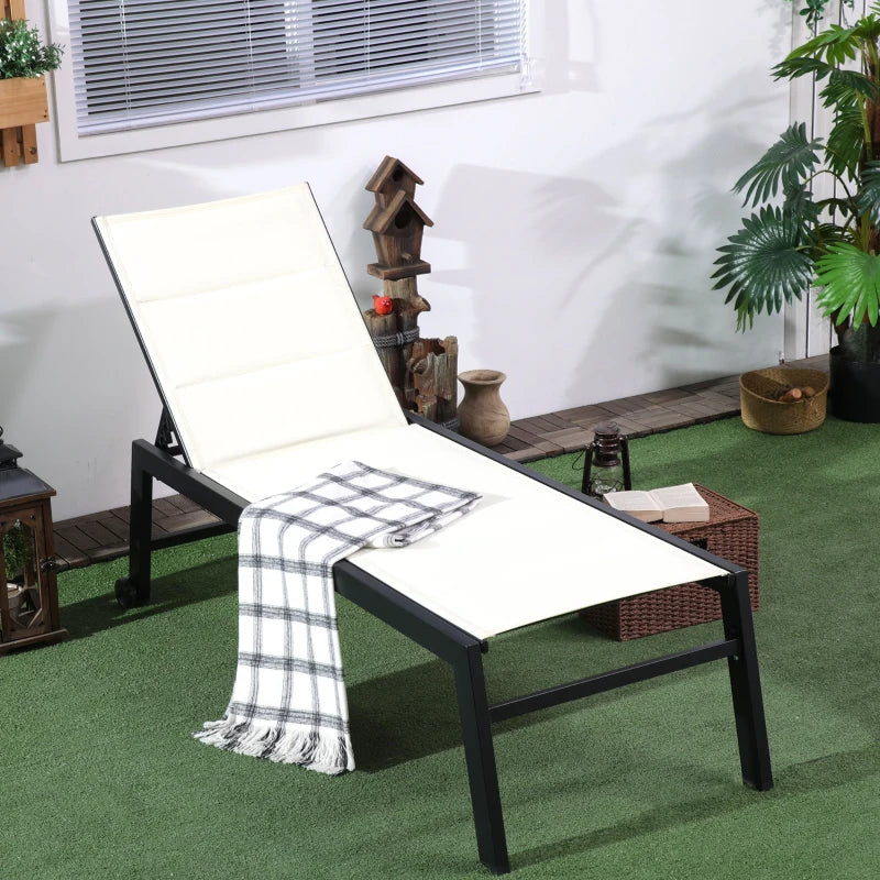 Outsunny Outdoor Chaise Lounge with Wheels, Five Position Recliner for Sunbathing, Suntanning, Steel Frame, Breathable Fabric for Beach, Yard, Patio, Cream White