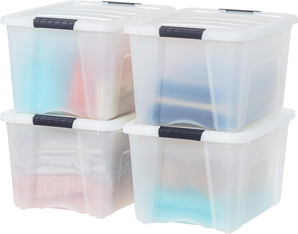 IRIS USA 40 Quart Stackable Plastic Storage Bins with Lids and Latching Buckles, 4 Pack - Pearl, Containers with Lids and Latches, Durable Nestable Closet, Garage, Totes, Tub Boxes Organizing