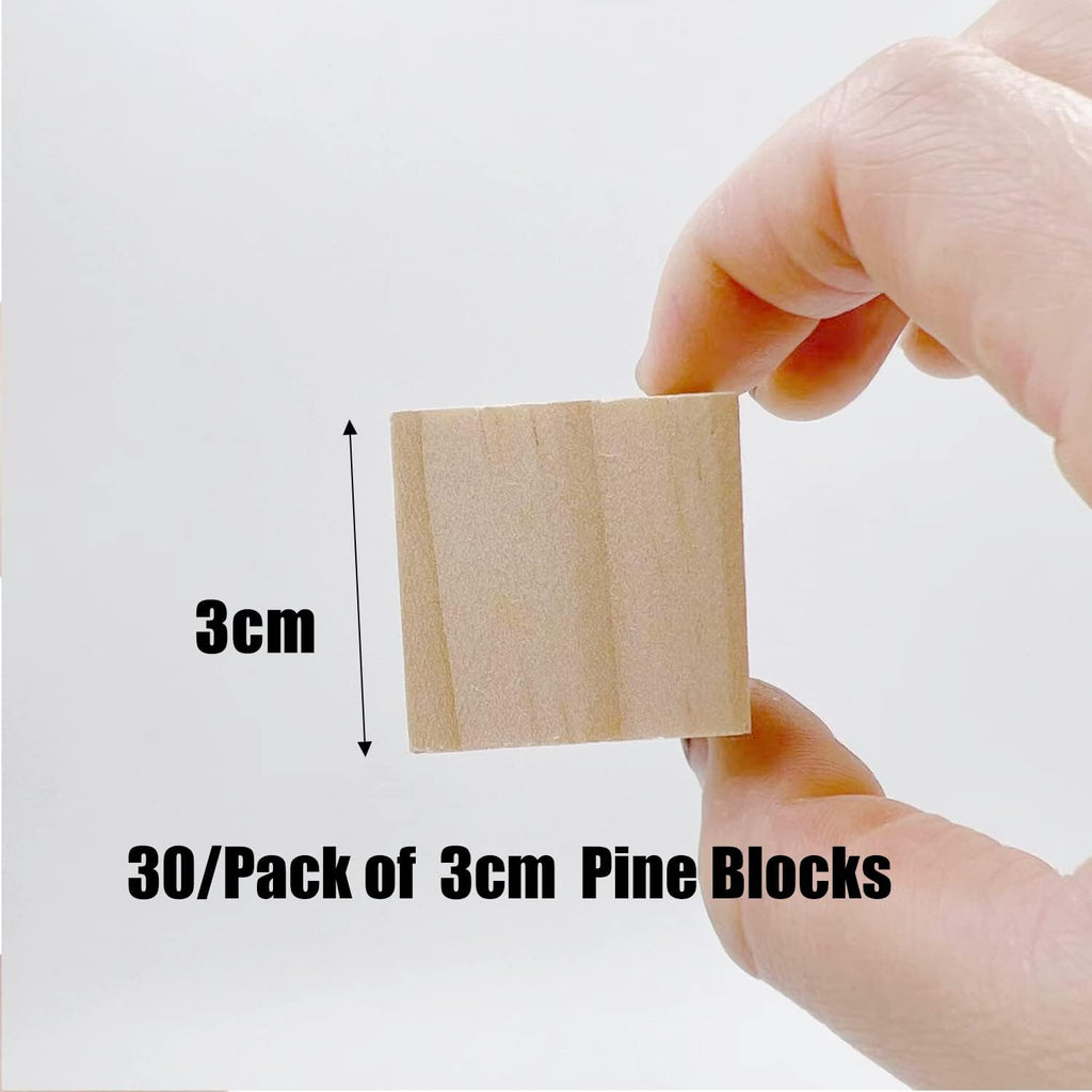 Wood Blocks for Crafts, Unfinished Wood Cubes, 3cm Natural Wooden Blocks, Pack of 30 Wood Square Blocks, Wooden Cubes for Arts and Crafts and DIY Projects