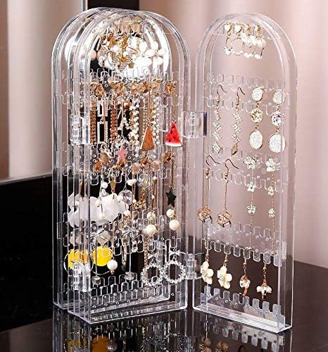 Cq acrylic 256 Holes Acrylic Earrings Holder for Women,4 Doors Foldable Screen Necklace Display Rack,Hanging Jewelry Organizer Double Sided Stand Display,Clear