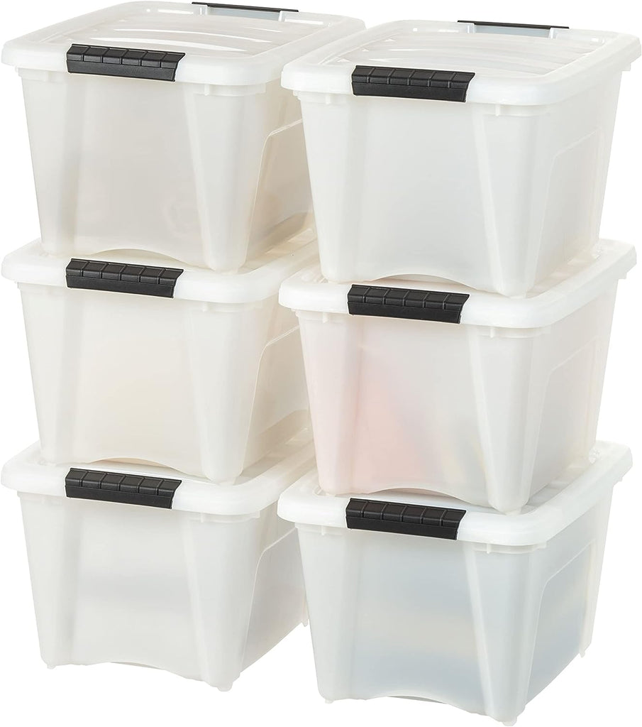 IRIS USA 19 Quart Stackable Plastic Storage Bins with Lids and Latching Buckles, 6 Pack - Pearl, Containers with Lids and Latches, Durable Nestable Closet, Garage, Totes, Tub Boxes Organizing