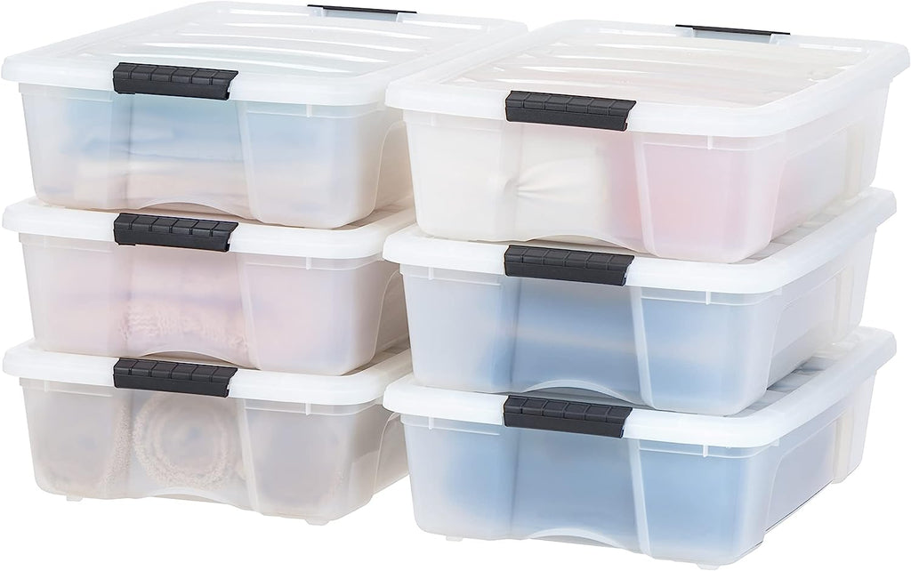 IRIS USA 26.95 Quart Stackable Plastic Storage Bins with Lids and Latching Buckles, 6 Pack - Pearl, Containers with Lids and Latches, Durable Nestable Closet, Garage, Totes, Tub Boxes Organizing