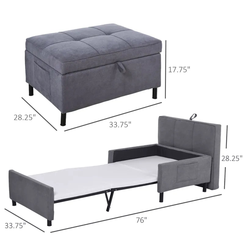 HOMCOM 2-In-1 Design Convertible Single Sofa Bed with Side Pocket and Metal Frame Couch for Living Room, Grey