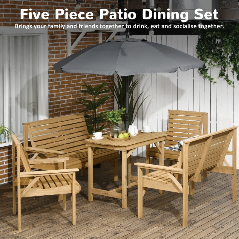 Outsunny 5 Piece Wooden Patio Dining Set, Patio Table and Chairs Conversation Sets with 2 Chairs, 2 Loveseats, & Dining Table with Umbrella Hole, for Backyard, Pool, Garden, Light Brown