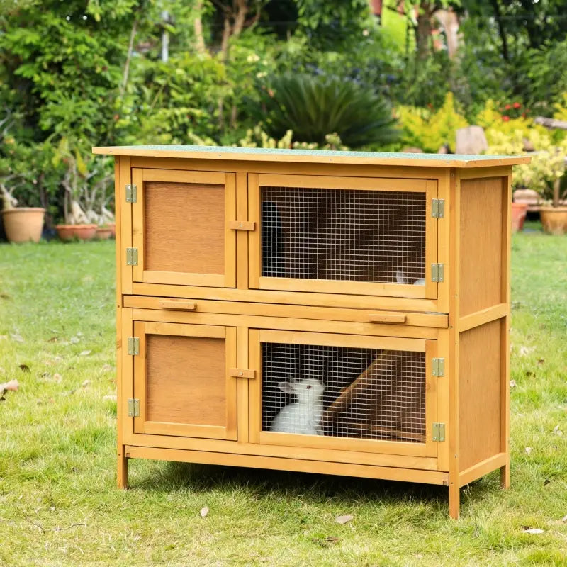 PawHut Solid Wood Rabbit / Bunny Hutch with 2 Large Main Rooms, Brown